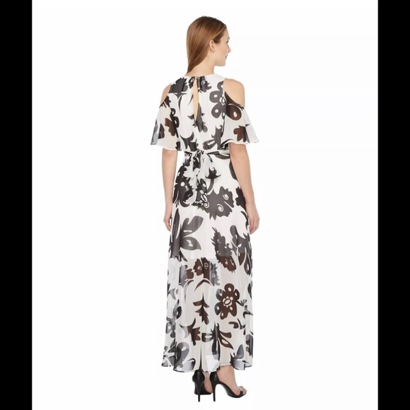 CALVIN KLEIN Floral Cold Shoulder Chiffon Maxi Dress Black / White 6 - Picture 6 of 8